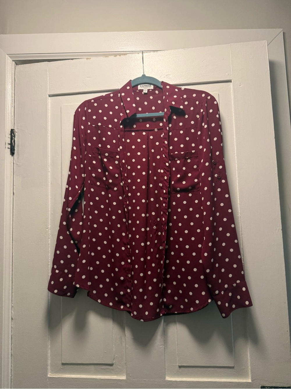 Express Women's Burgundy Polka Dot Button-Down Shirt